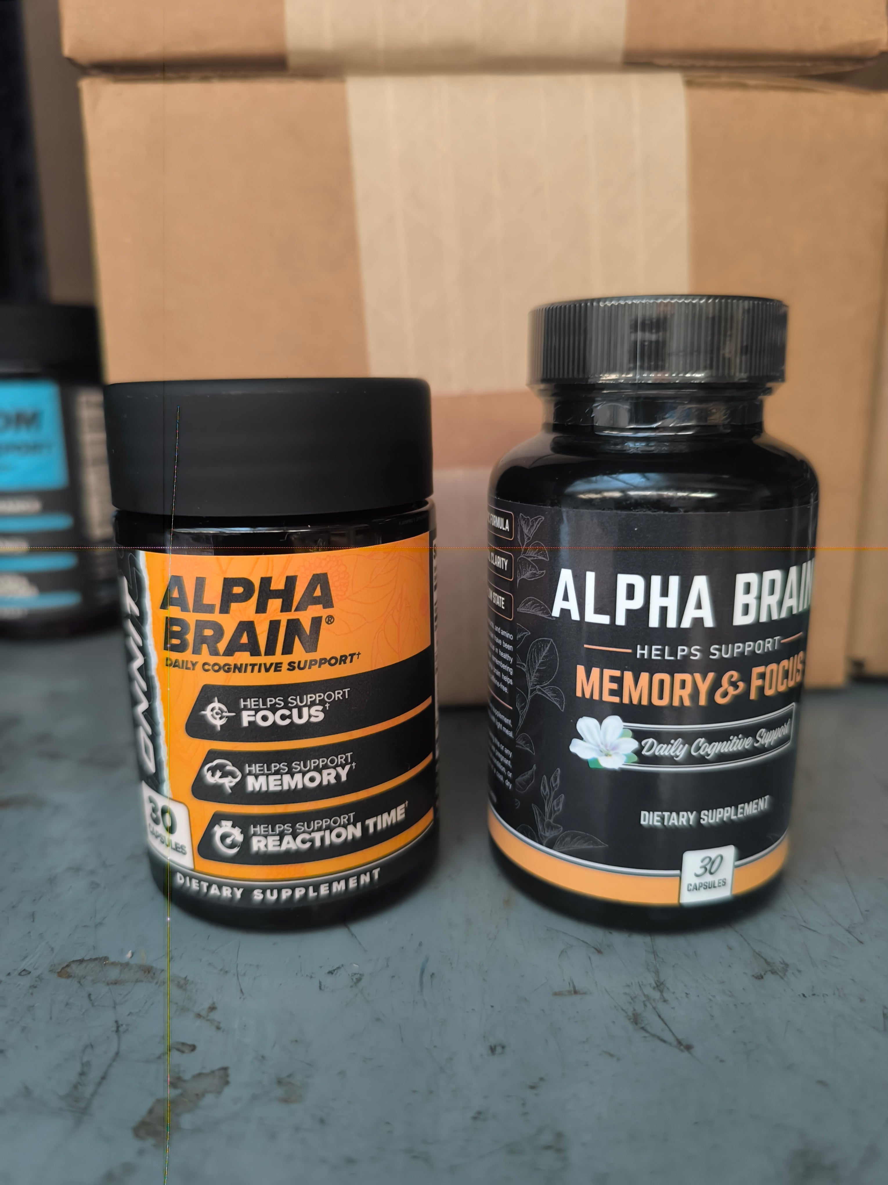 Genuine Onnit Alpha Brain bottle beside a counterfeit version bought online