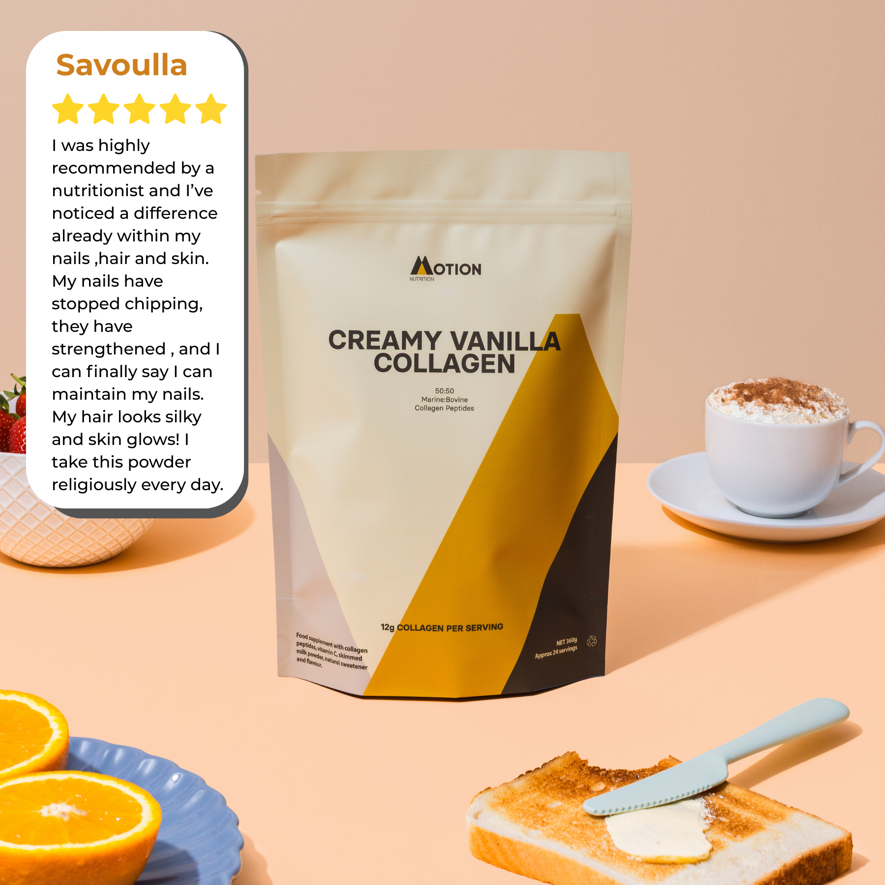 Motion Nutrition Creamy Vanilla Collagen pouch beside a coffee, orange slices and toast - used as a collagen coffee creamer